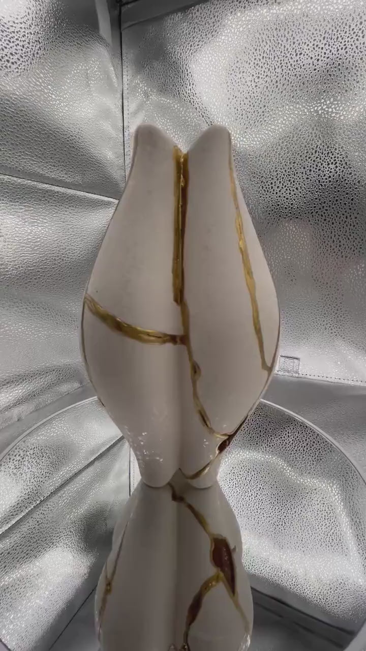 Modern Kintsugi Pond Vase - Broken + Repaired Japanese Pottery - Hand Painted Gold - Japandi - Rough Texture - Ivory (H) 6.5in (W) 3.75in