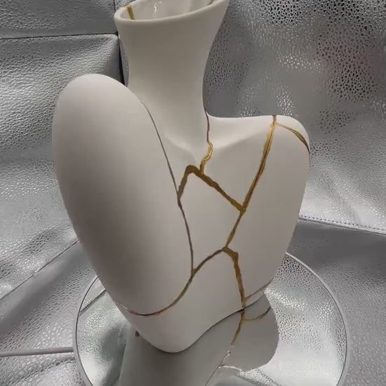 Kintsugi Bust Vase - Broken + Repaired Japanese Pottery - Hand Painted Gold - Feminine Form - Matte White (H) 8.75in (W) 6.5