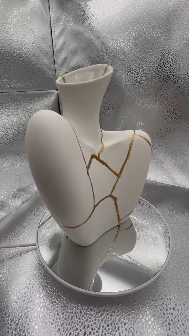 Kintsugi Bust Vase - Broken + Repaired Japanese Pottery - Hand Painted Gold - Feminine Form - Matte White (H) 8.75in (W) 6.5