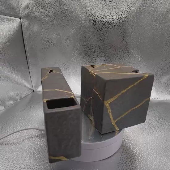 Kintsugi Ikebana Vase Set - Broken + Repaired Japanese Pottery - Hand Painted Gold Detail - Cube + Long Vases - Bronze Color - Metal Feel