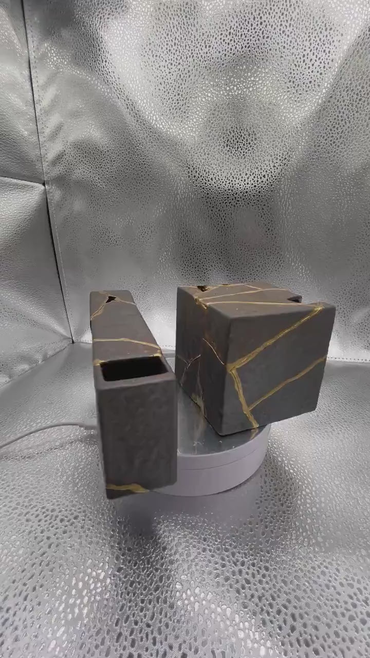 Kintsugi Ikebana Vase Set - Broken + Repaired Japanese Pottery - Hand Painted Gold Detail - Cube + Long Vases - Bronze Color - Metal Feel