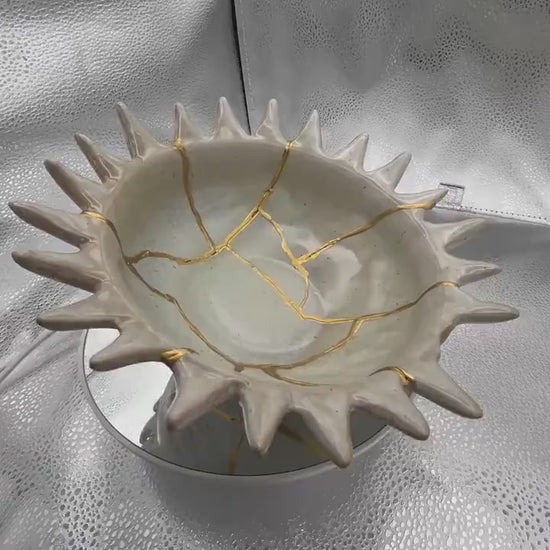 Kintsugi Urchin Bowl - Ocean/Wabi Sabi - Broken + Repaired Japanese Pottery Art - Hand Painted Gold - Ceramic - Whitewashed/Sage (D) 8.5in