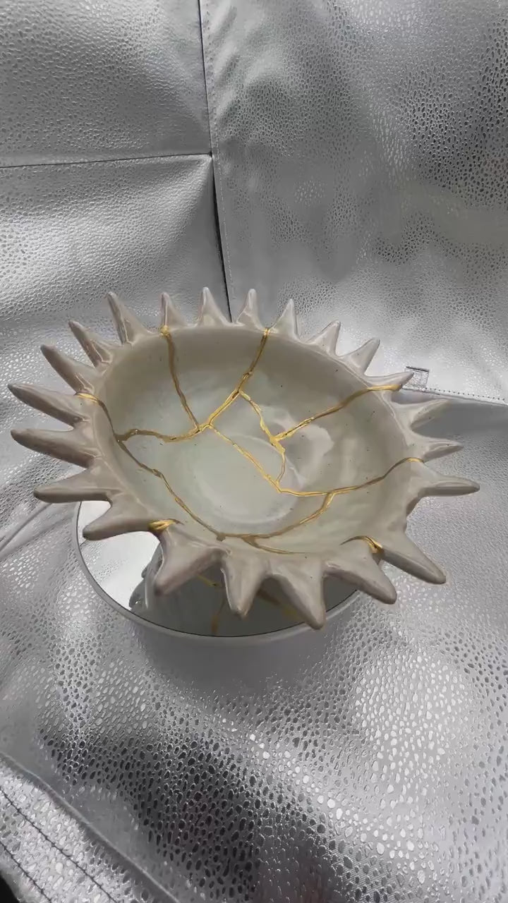 Kintsugi Urchin Bowl - Ocean/Wabi Sabi - Broken + Repaired Japanese Pottery Art - Hand Painted Gold - Ceramic - Whitewashed/Sage (D) 8.5in