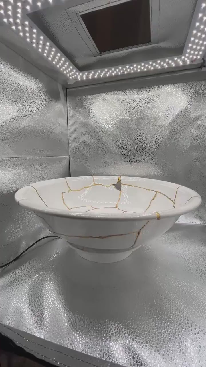 Kintsugi Giraffe Bowl - Japanese Pottery Broken + Repaired - Hand Painted Gold - Extra Large - Floor/Table - White/Glossy/Smooth (D)15.625in