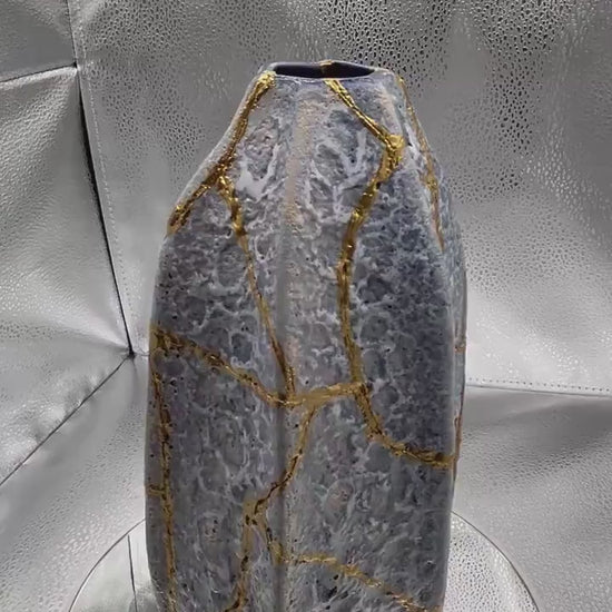 Modern Kintsugi Blue Jackfruit Vase - Botanical - Broken + Repaired Japanese Pottery - Hand Painted Gold - Made in Thailand - (H) 8.75in