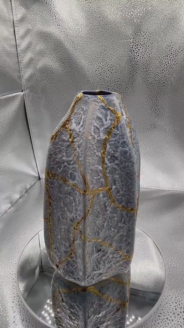 Modern Kintsugi Blue Jackfruit Vase - Botanical - Broken + Repaired Japanese Pottery - Hand Painted Gold - Made in Thailand - (H) 8.75in