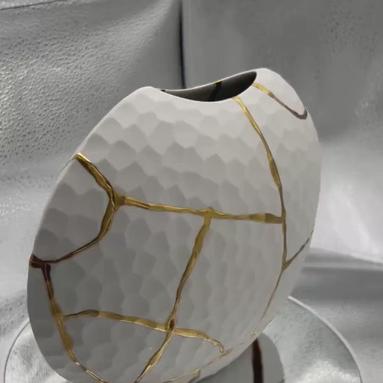 Modern Kintsugi Beehive Vase - Eggshell - Broken + Repaired Japanese Pottery - Hand Painted Gold - Made in Thailand (W) 7.25in (H) 6.5in