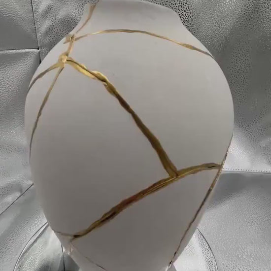 Modern Kintsugi Sumo Tall Vase - Japandi - Broken + Repaired Japanese Pottery - Hand Painted Gold - Smooth Texture - White (H) 9in (W) 5.5in