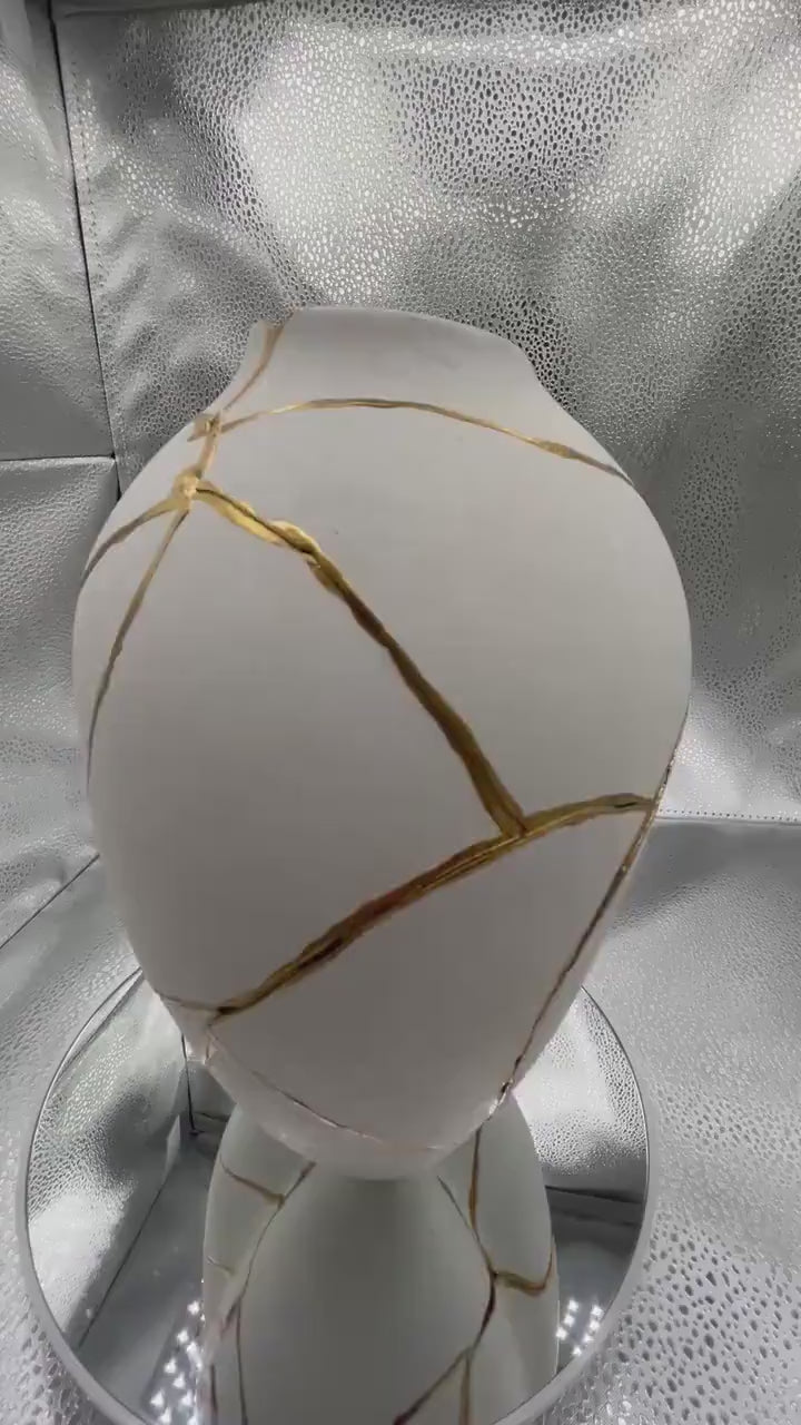 Modern Kintsugi Sumo Tall Vase - Japandi - Broken + Repaired Japanese Pottery - Hand Painted Gold - Smooth Texture - White (H) 9in (W) 5.5in