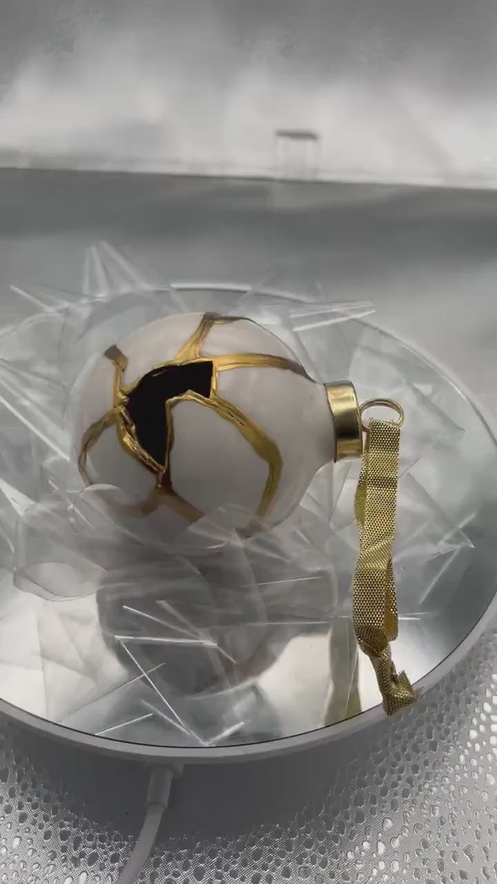Modern Kintsugi Ornament - Hand Painted Gold, White Ceramic Holiday Decor