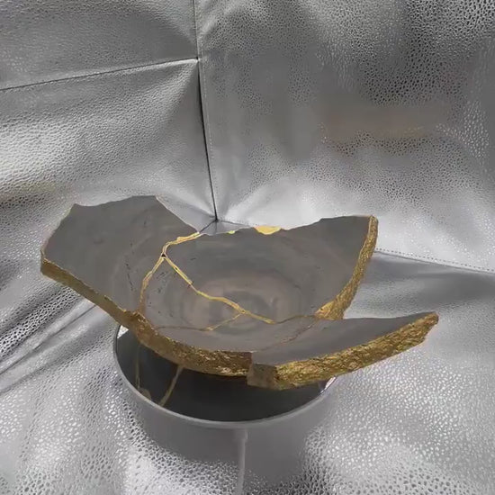 Modern Kintsugi Raw Edge Bowl - Wabi Sabi - Japandi - Broken + Repaired Japanese Pottery Art - Hand Painted Gold - Ceramic (D) 12in (H) 4in