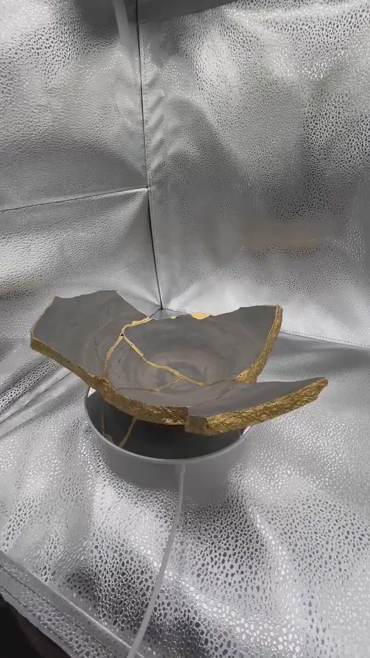 Modern Kintsugi Raw Edge Bowl - Wabi Sabi - Japandi - Broken + Repaired Japanese Pottery Art - Hand Painted Gold - Ceramic (D) 12in (H) 4in