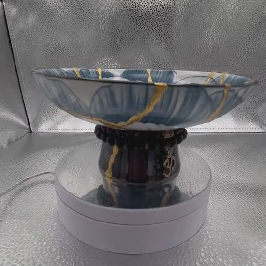 Modern Kintsugi Blue Lotus Pedestal Bowl - Broken + Repaired Japanese Pottery Art - Hand Painted Gold - Charm Bracelet Accent (D)6.375in