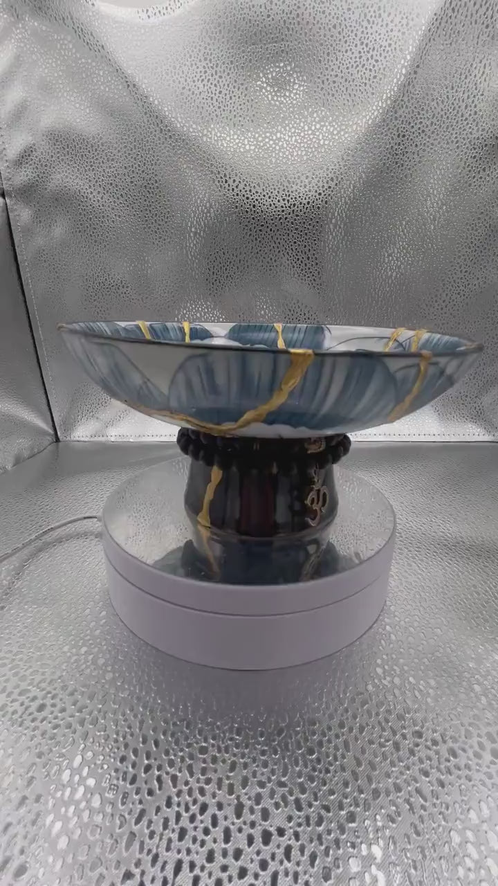Modern Kintsugi Blue Lotus Pedestal Bowl - Broken + Repaired Japanese Pottery Art - Hand Painted Gold - Charm Bracelet Accent (D)6.375in