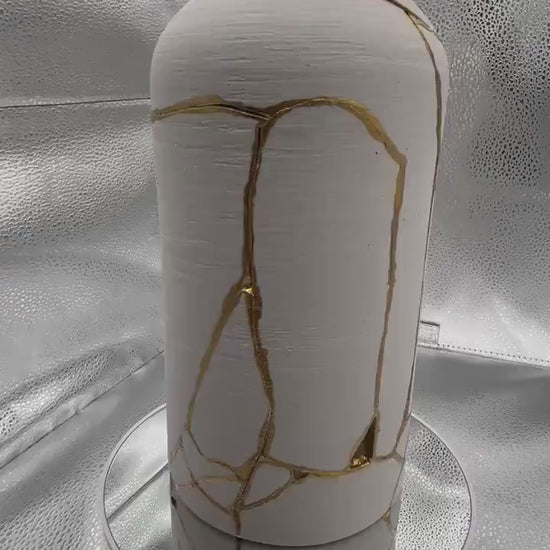 Modern Kintsugi Giraffe Vase - Broken + Repaired Japanese Pottery - Hand Painted Gold - Matte White Cylinder/Brushed Texture #2 (H) 10.125in
