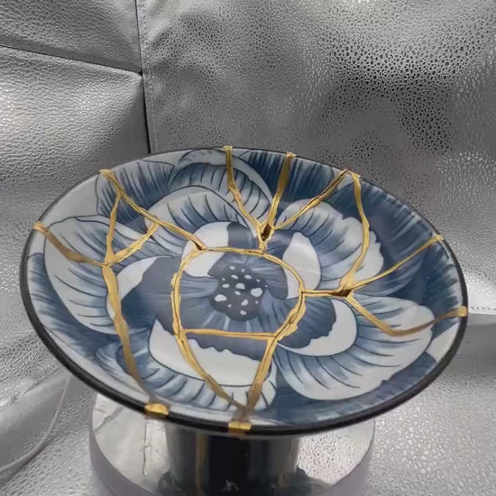 Kintsugi Pedestal Bowl - Broken + Repaired Japanese Pottery Art  - Hand Painted Gold Detail - Rose Gold Charm - Blue Lotus - (D) 6.375in