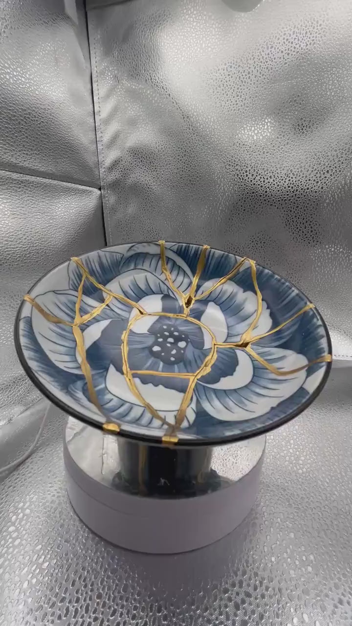 Kintsugi Pedestal Bowl - Broken + Repaired Japanese Pottery Art  - Hand Painted Gold Detail - Rose Gold Charm - Blue Lotus - (D) 6.375in