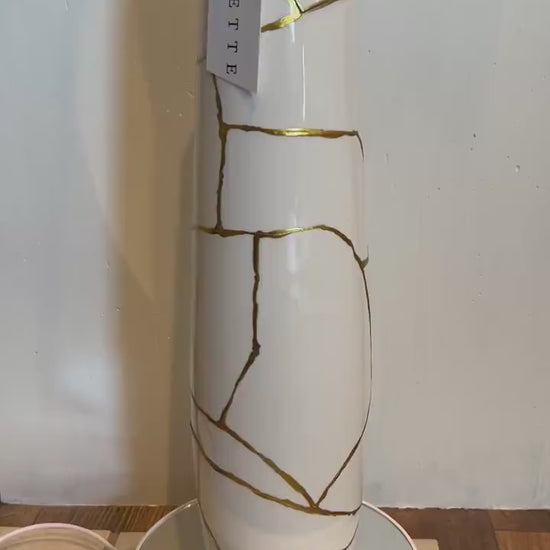 Kintsugi Giraffe Tall Vase - Broken + Repaired Japanese Pottery - Hand Painted Gold - Cylinder/Glossy - Table/Floor - White (H) 18in