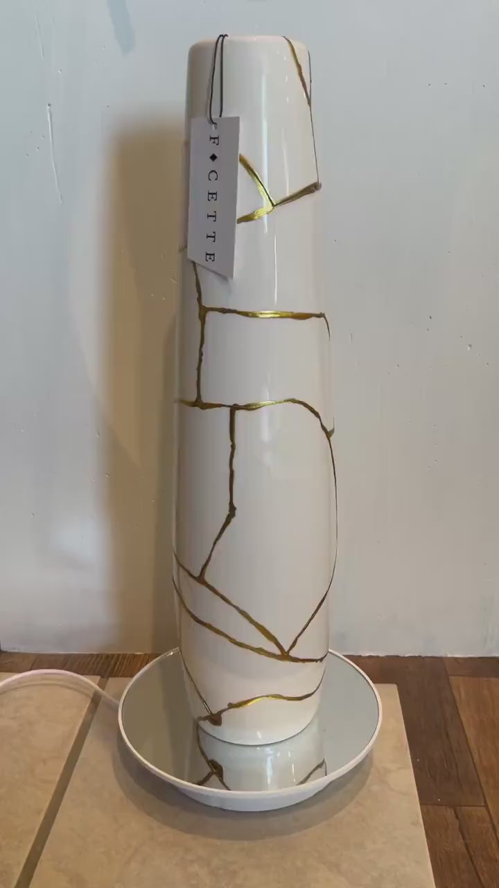 Kintsugi Giraffe Tall Vase - Broken + Repaired Japanese Pottery - Hand Painted Gold - Cylinder/Glossy - Table/Floor - White (H) 18in