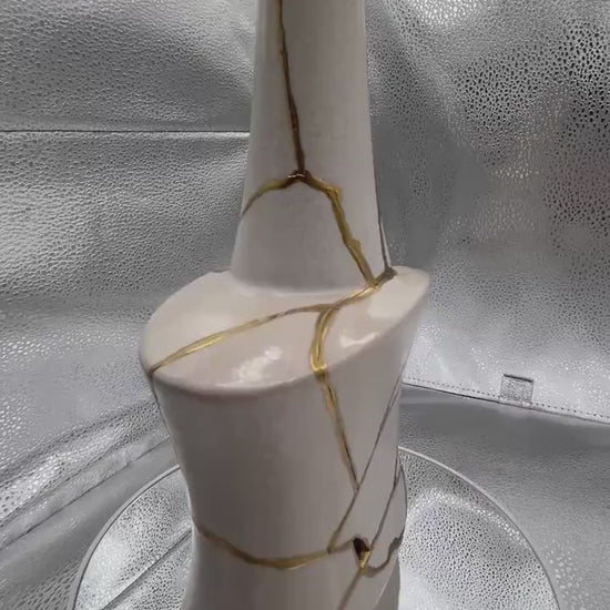 Modern Kintsugi Avag Vase - Broken + Repaired Japanese Pottery - Hand Painted Gold - Japandi - Smooth Texture - Ivory (H) 9.75in (W) 5.5in