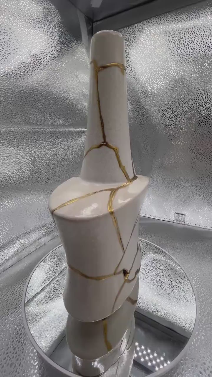 Modern Kintsugi Avag Vase - Broken + Repaired Japanese Pottery - Hand Painted Gold - Japandi - Smooth Texture - Ivory (H) 9.75in (W) 5.5in