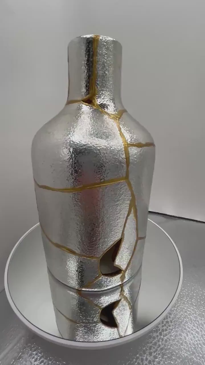 Kintsugi Chrome/Silver Vase - Hand Painted Gold - Broken + Repaired Japanese Pottery - Bottle/Small - Moon Shaped Break (H) 8in (W) 4in
