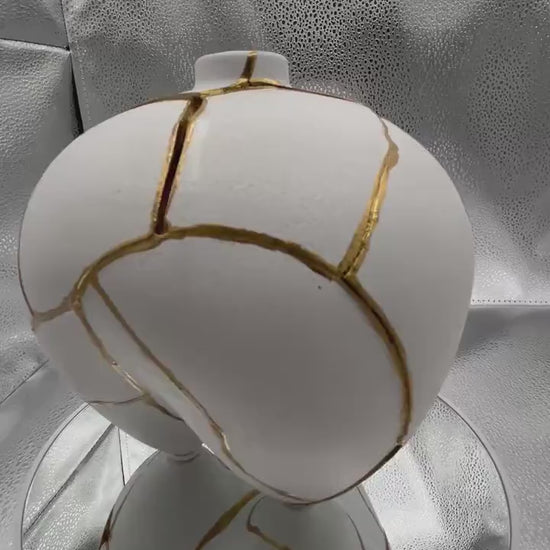 Modern Kintsugi Sumo Short Vase - Japandi - Broken + Repaired Japanese Pottery - Hand Painted Gold - Smooth - White (H) 6.3in (W) 5.7in