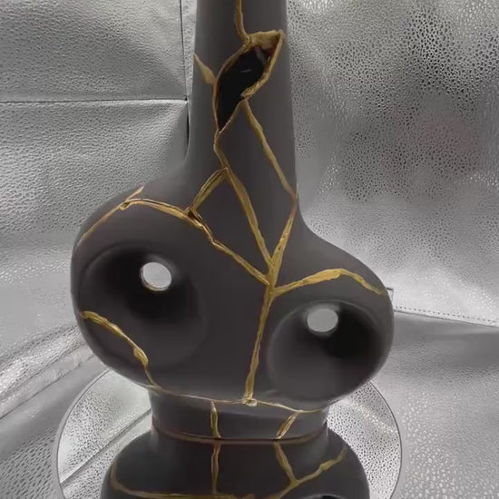 Modern Kintsugi Batur Vase - Broken + Repaired Japanese Pottery - Hand Painted Gold - Japandi - Smooth Texture - Charcoal (H) 9.75in (W) 7in