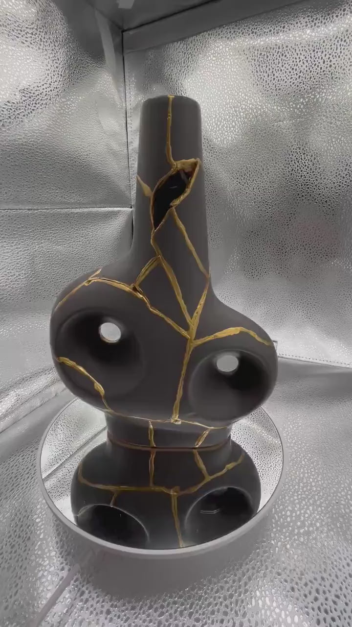 Modern Kintsugi Batur Vase - Broken + Repaired Japanese Pottery - Hand Painted Gold - Japandi - Smooth Texture - Charcoal (H) 9.75in (W) 7in