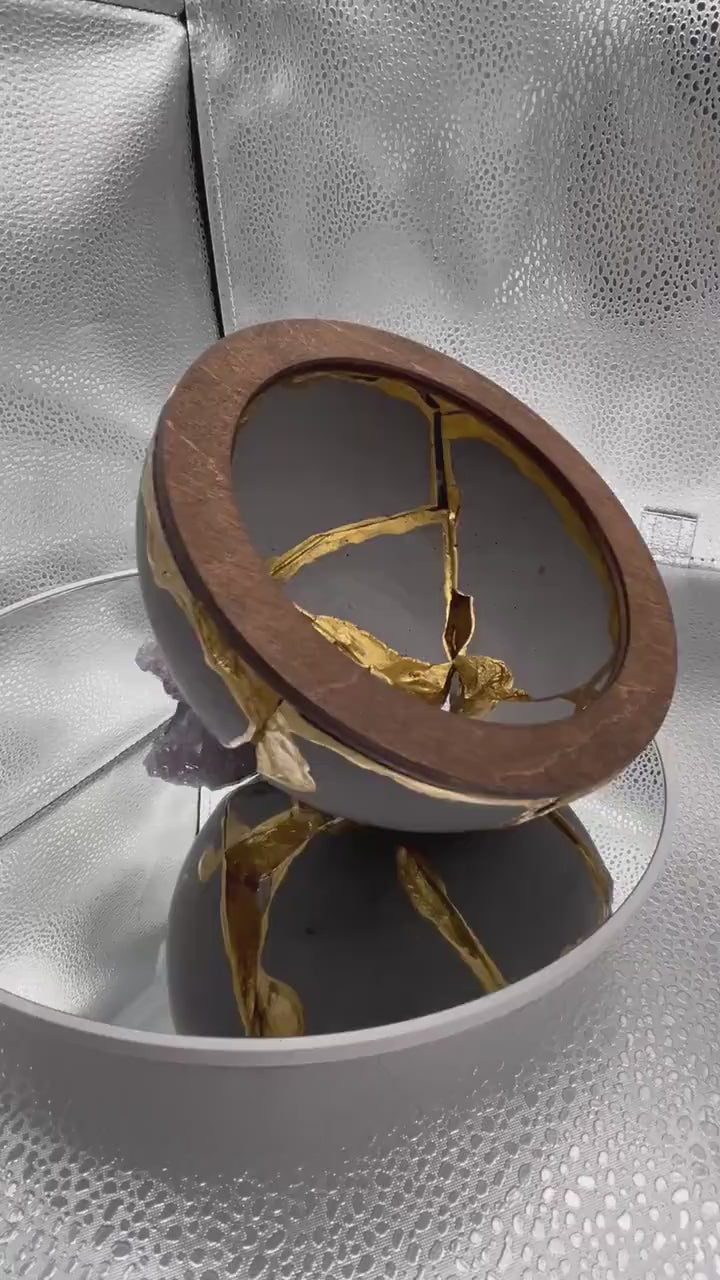 Kintsugi Japandi Bowl - Broken + Repaired Japanese Pottery Art - Wabi Sabi - Hand Painted Gold - Scandinavian - Wood/Cement -  (D) 4.75in