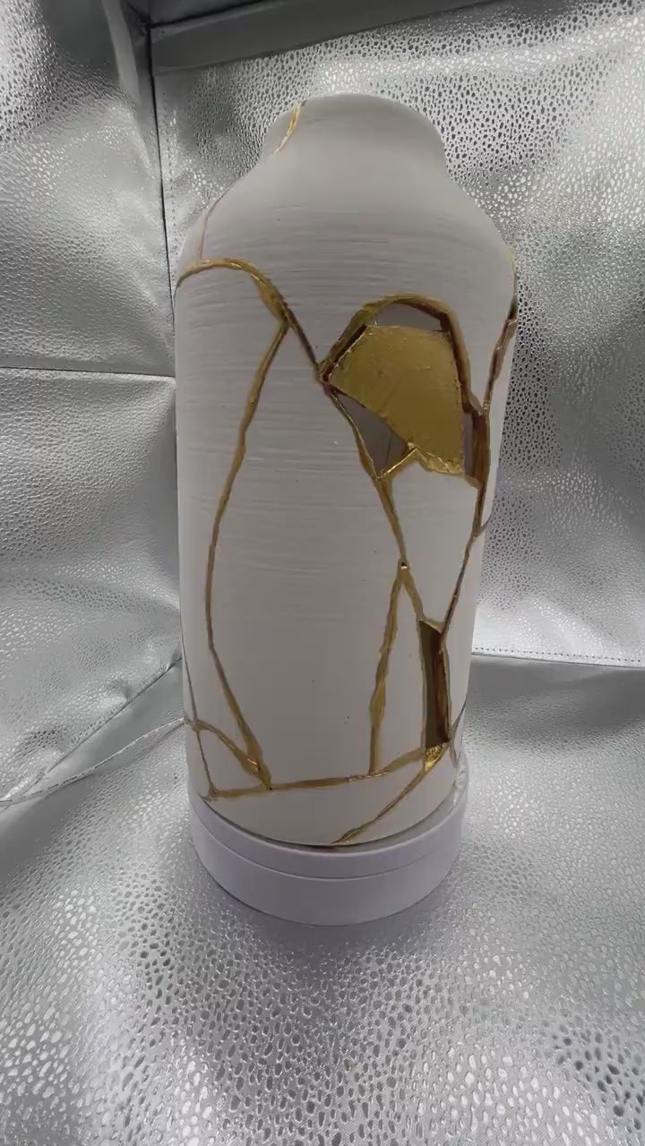 Kintsugi Bird Lover Vase - Japanese Pottery Broken + Repaired - Matte White Cylinder - Brushed Texture - Hand Painted Gold - (H) 10.125in