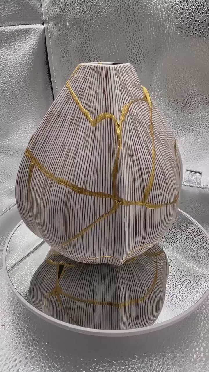 Kintsugi Seed Vase - Botanical - Broken + Repaired Japanese Pottery - Hand Painted Gold - Made in Thailand Collection (W) 5.25in (H) 6.5in