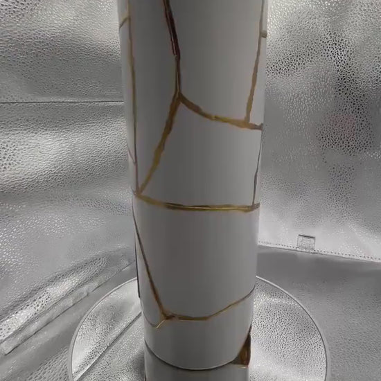 Modern Kintsugi Cylinder Vase - Japanese Pottery Broken + Repaired - Hand Painted Gold - White - Smooth Texture - No.2 - (H) 10.375in