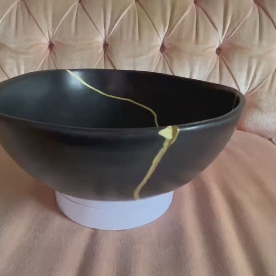 Modern Kintsugi Black Egg Bowl - Broken + Repaired Japanese Pottery Art - Hand Painted Gold - Ceramic - Minimalist - Japandi (D) 10.5in