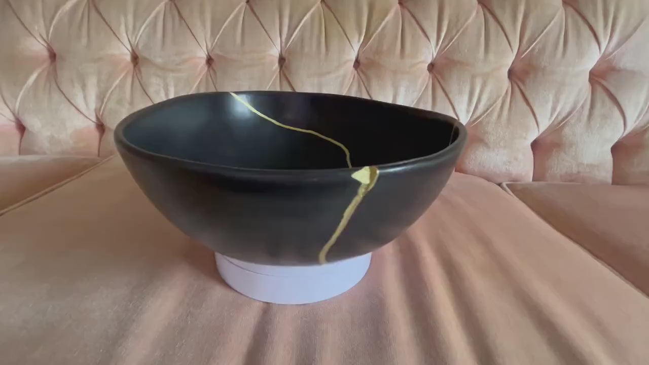 Modern Kintsugi Black Egg Bowl - Broken + Repaired Japanese Pottery Art - Hand Painted Gold - Ceramic - Minimalist - Japandi (D) 10.5in