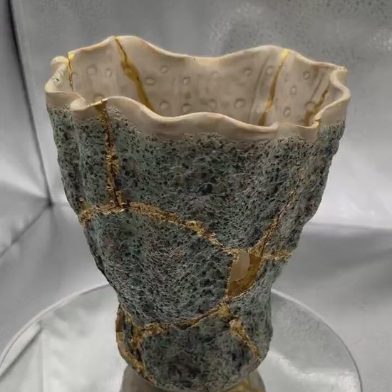 Modern Kintsugi Seafoam Vase - Ocean/Sea - Broken + Repaired Japanese Pottery - Hand Painted Gold - Made in Thailand - Green (H) 6.25in