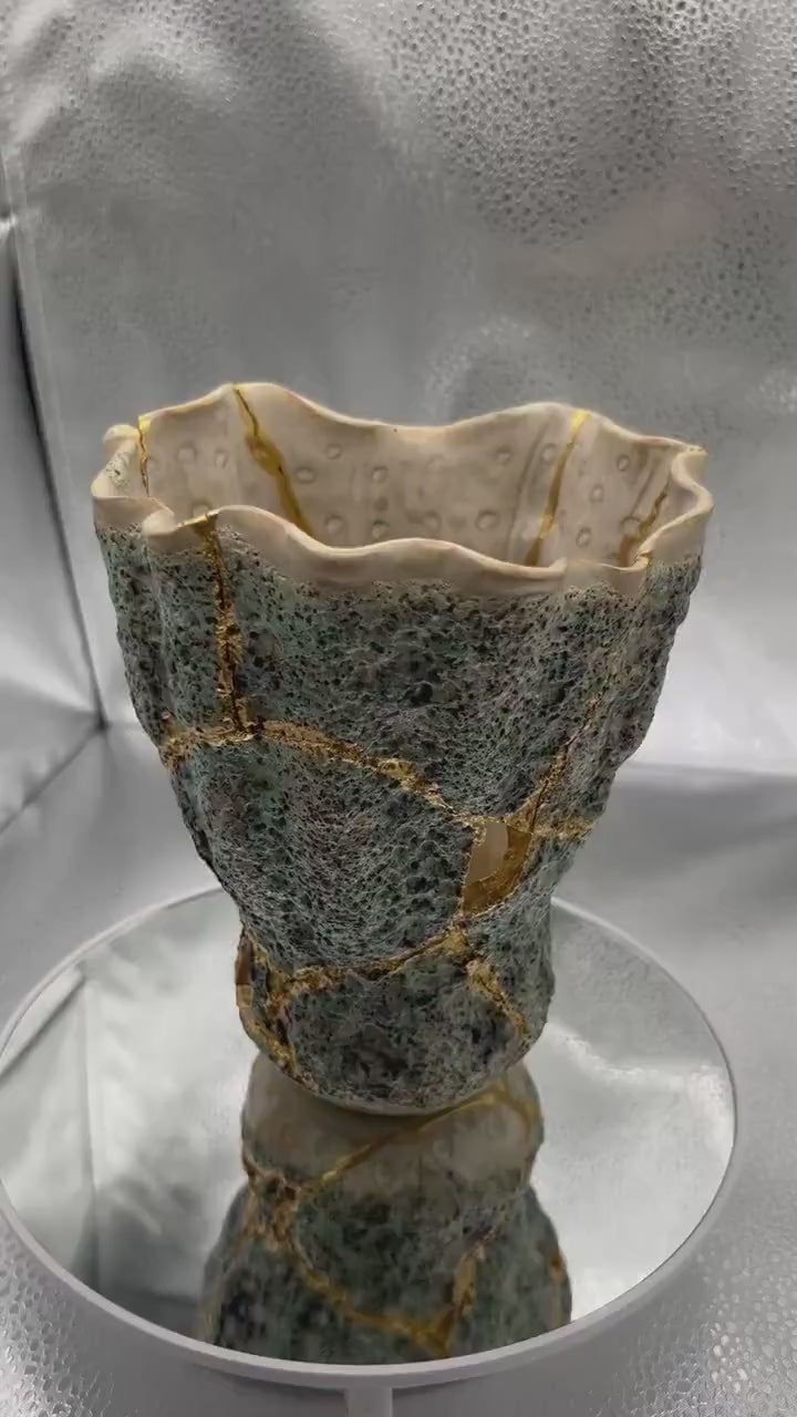 Modern Kintsugi Seafoam Vase - Ocean/Sea - Broken + Repaired Japanese Pottery - Hand Painted Gold - Made in Thailand - Green (H) 6.25in