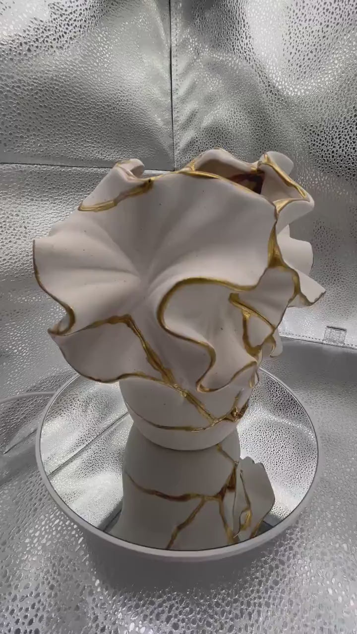 Flowers + Sand Kintsugi Vase - Ocean Theme - Broken + Repaired Japanese Pottery - Hand Painted Gold/Speckled White - (H)7.25in (W)7.5in