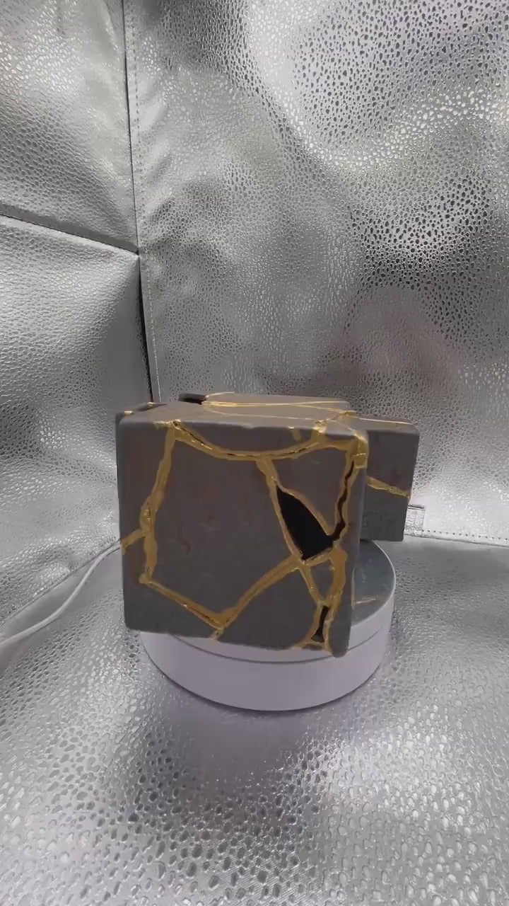 Kintsugi Ikebana Vase Set - Broken + Repaired Japanese Pottery - Hand Painted Gold Detail - Cube + Long Vases - Bronze Color - Metal Feel
