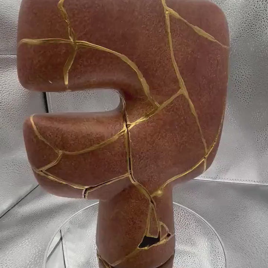 Modern Kintsugi Tribal Vase - Broken + Repaired Japanese Pottery - Japandi - Smooth Texture Ceramic - Terracotta (H) 10in (W) 7.5in