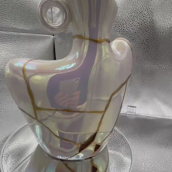 Kintsugi Iridescent Vase - Broken + Repaired Japanese Pottery - Hand Painted Gold - Feminine Form/Bust - Smooth Texture - (H) 9in (W) 7.25