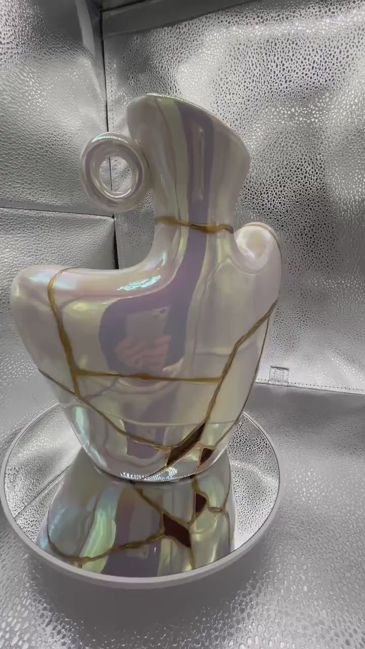 Kintsugi Iridescent Vase - Broken + Repaired Japanese Pottery - Hand Painted Gold - Feminine Form/Bust - Smooth Texture - (H) 9in (W) 7.25