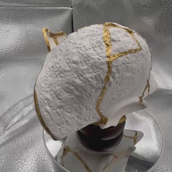 Modern Kintsugi Upside Down Sculpture - Broken + Repaired Japanese Pottery - Hand Painted Gold - Detachable Wood Base - (W) 8in (H) 5.5in