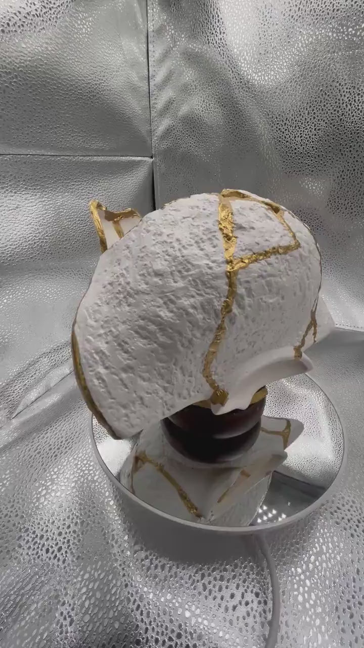 Modern Kintsugi Upside Down Sculpture - Broken + Repaired Japanese Pottery - Hand Painted Gold - Detachable Wood Base - (W) 8in (H) 5.5in
