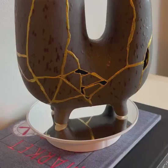 Modern Kintsugi Haiiro Vase - Japandi - Broken + Repaired Japanese Pottery - Hand Painted Gold - Rough Texture - Charcoal (H) 8in (W) 8.75in