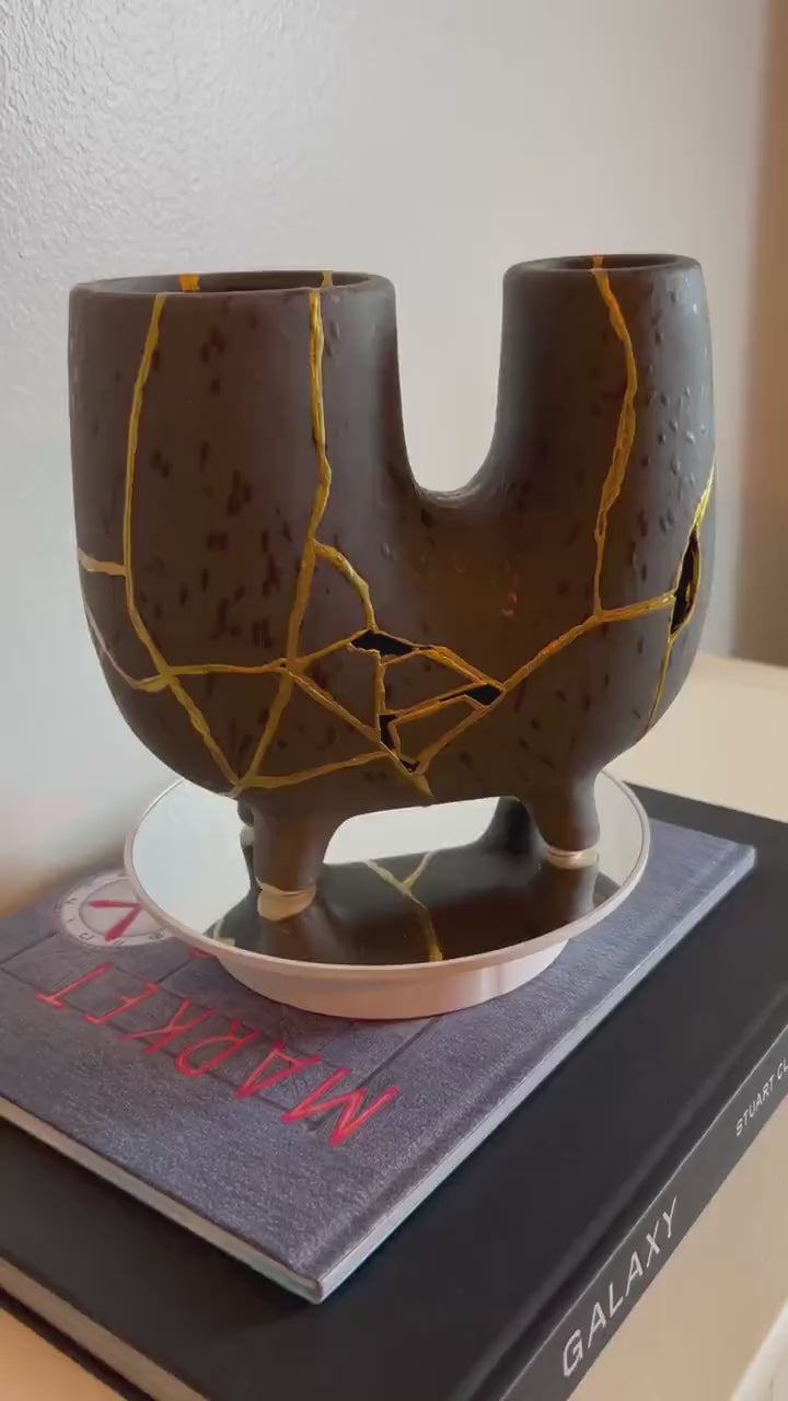 Modern Kintsugi Haiiro Vase - Japandi - Broken + Repaired Japanese Pottery - Hand Painted Gold - Rough Texture - Charcoal (H) 8in (W) 8.75in