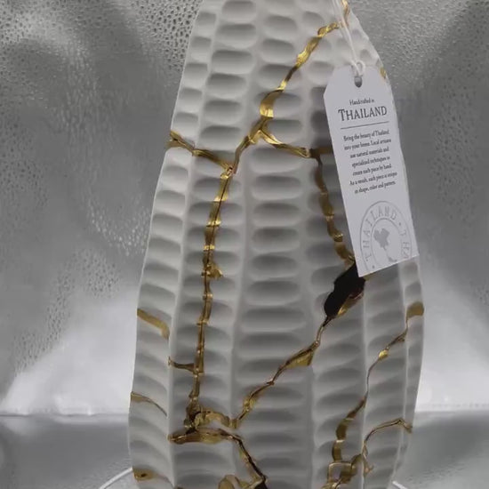 Modern Kintsugi Seahorse Vase - Ocean/Sea - Broken + Repaired Japanese Pottery - Hand Painted Gold - Made in Thailand - (H) 12in (W) 5in