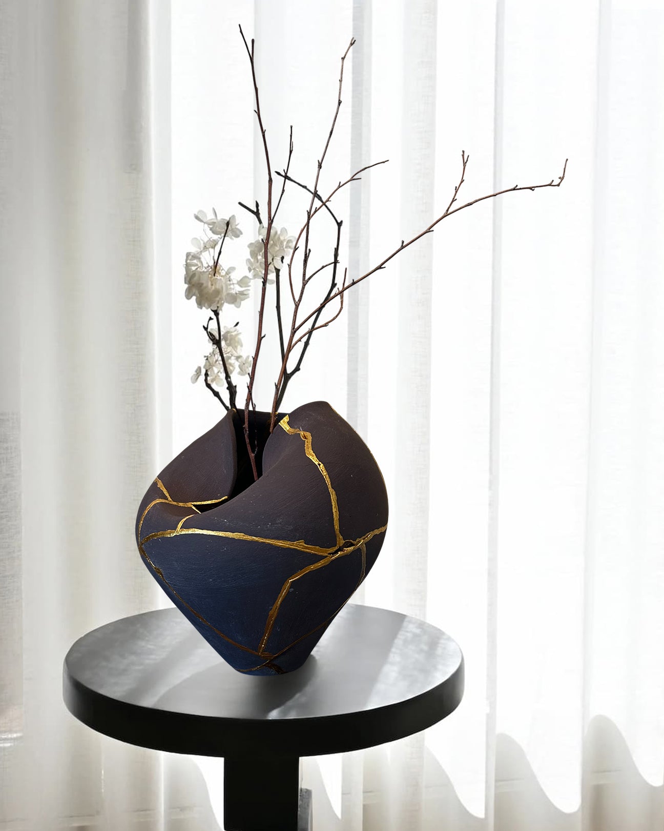 Modern Kintsugi Rau Vase - Broken + Repaired Japanese Pottery - Hand Painted Gold - Japandi - Distressed - Rough Texture - Charcoal (Dark Gray) (H) 9in (W) 6.75in