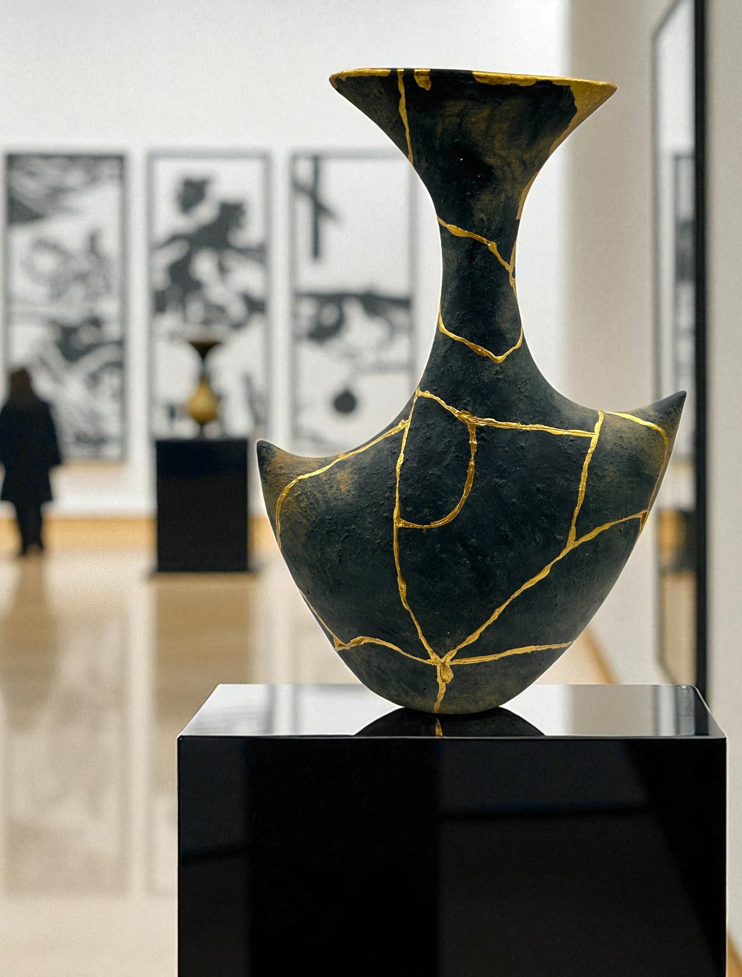 Modern Kintsugi Anchor Vase - Broken + Repaired Japanese Pottery - Hand Painted Gold - (H) 13.5in (W) 8in