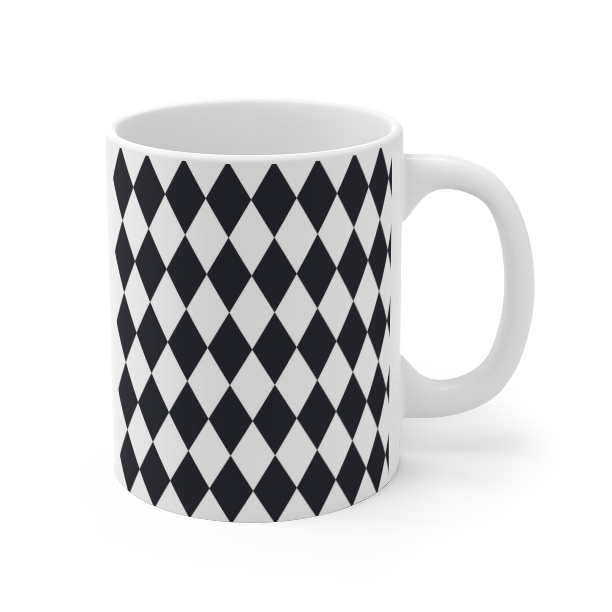 White ceramic mug with black diamond pattern and handle, classic shape, 11oz capacity on a white background.